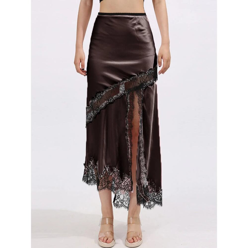 Lace Trim Asymmetrical Midi Skirt - Picture 7 of 9